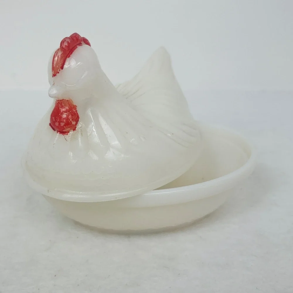 Vintage Milk Glass Hen on Nest Trinket Dish White Red Farmhouse Decor Good